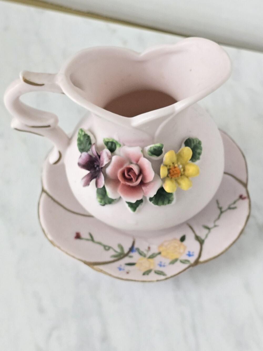 Vintage Miniature Pink Porcelain Creamer & Saucer Set with Raised Floral Details